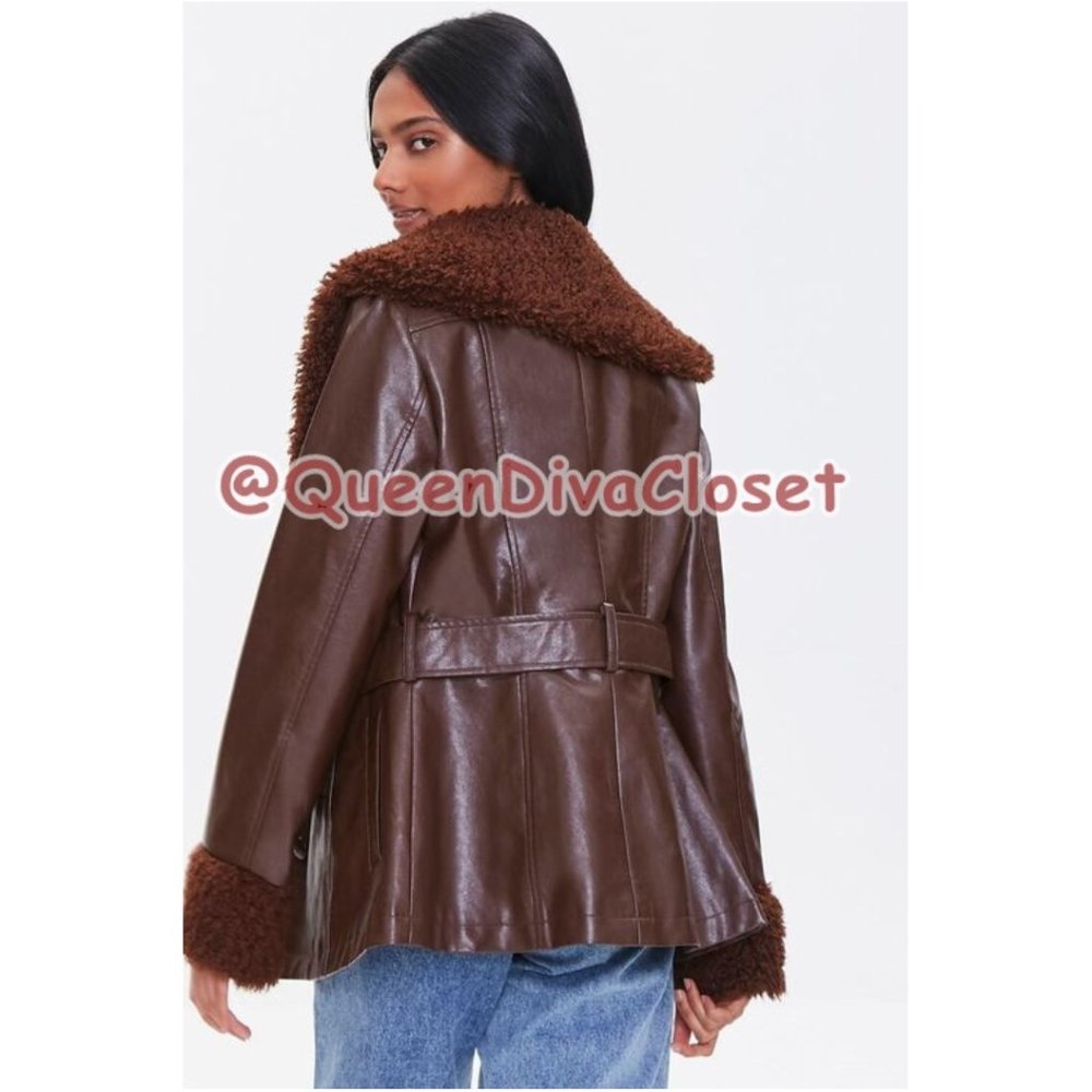 F21 Dark Chocolate Brown Faux Leather Fur Trimmed Belted Retro 90's 70s Jacket L - Picture 5 of 9